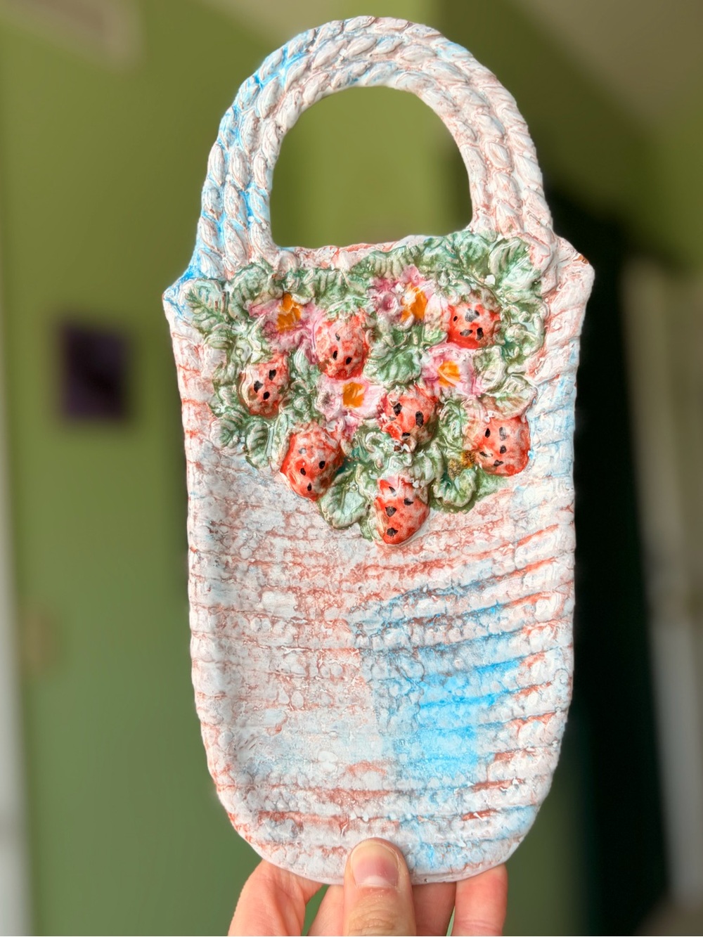 Vintage Ceramic Italian Made Strawberry Basket Bag Kitchen Spoon Rest
